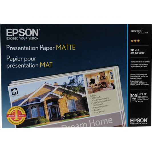 Epson Matte Presentation Paper, 4.9 mil, 13 x 19, Matte Bright White, 100/Pack