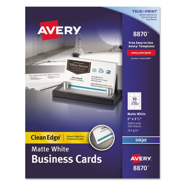 Avery True Print Clean Edge Business Cards, Inkjet, 2 x 3.5, White, 1,000 Cards, 10 Cards/Sheet, 100 Sheets/Box