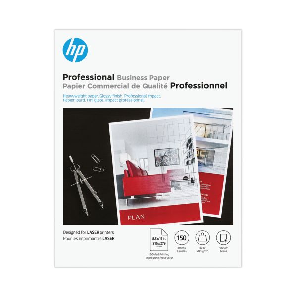 HP Professional Business Paper, 52 lb Bond Weight, 8.5 x 11, Glossy White, 150/Pack 97 Brightness - Letter - 8 1/2" x 11" - 52 lb Basis Weight - 200 g/m&#178; Grammage - Smooth, Glossy - 150 / Pack