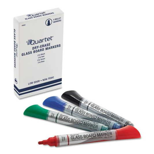 Quartet Premium Glass Board Dry Erase Marker, Broad Bullet Tip, Assorted Colors, 4/Pack