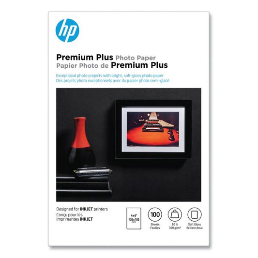 HP Premium Plus Photo Paper, 11.5 mil, 4 x 6, Soft-Gloss White, 100/Pack