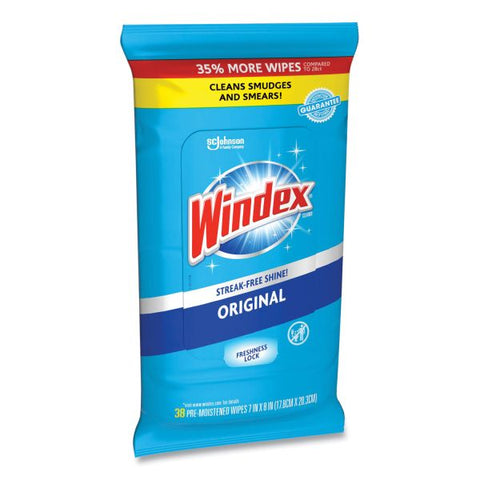 Windex Glass and Surface Wet Wipe, Cloth, 7 x 8, Unscented, 38/Pack