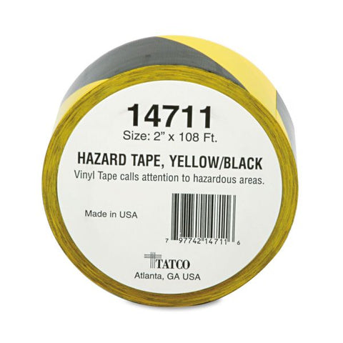 Tatco Hazard Marking Aisle Tape, 2" x 108 ft, Black/Yellow