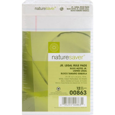 Nature Saver 100% Recycled Junior Legal Pads 5" x 8" - Legal Ruled - Perforated - 50 Sheets/ Pad - 12 Pads - White