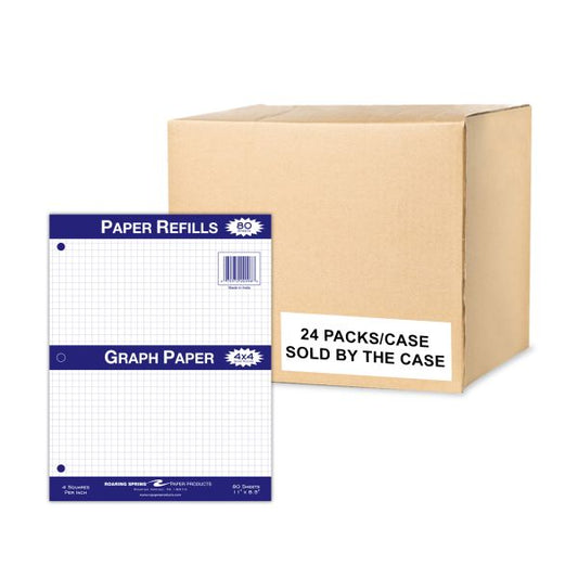 Filler Paper 8.5"x11" 4x4 Graph Ruled Roaring Spring 4x4 Graph Ruled Loose Leaf Filler Paper, Case of 24 Packs, 3 Hole Punched, 11" x 8.5" 80 Sheets Per Pack, 15# White Paper