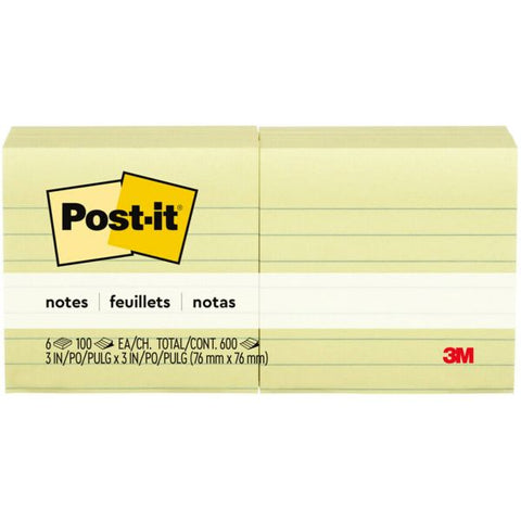 Post-it Notes Original Pads in Canary Yellow, Note Ruled, 3" x 3", 100 Sheets/Pad, 6 Pads/Pack