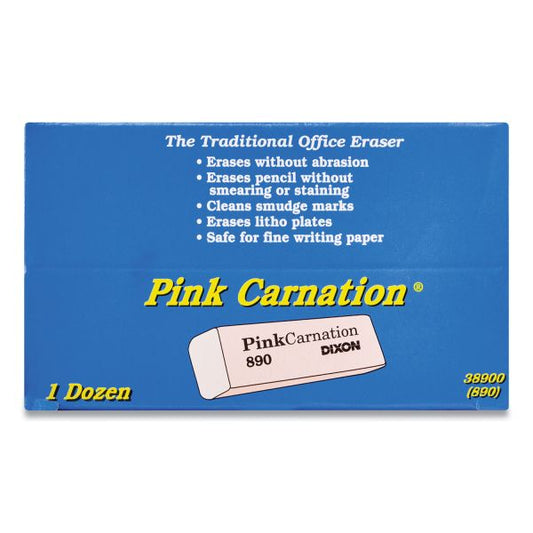 Dixon Pink Carnation Erasers, For Pencil Marks, Rectangular Block, Medium, Pink, Dozen