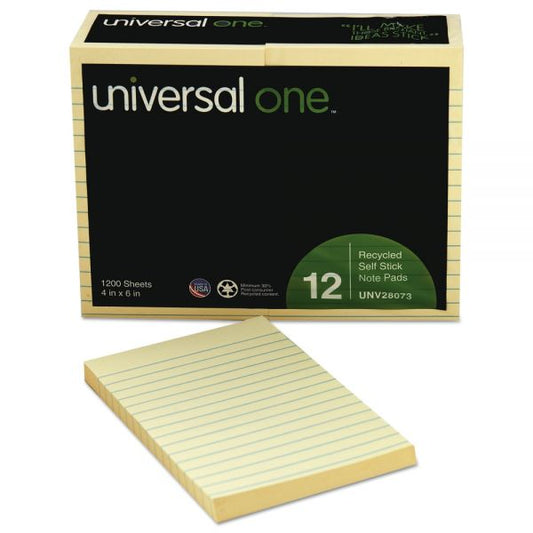 Universal Recycled Self-Stick Note Pads, Note Ruled, 4" x 6", Yellow, 100 Sheets/Pad, 12 Pads/Pack