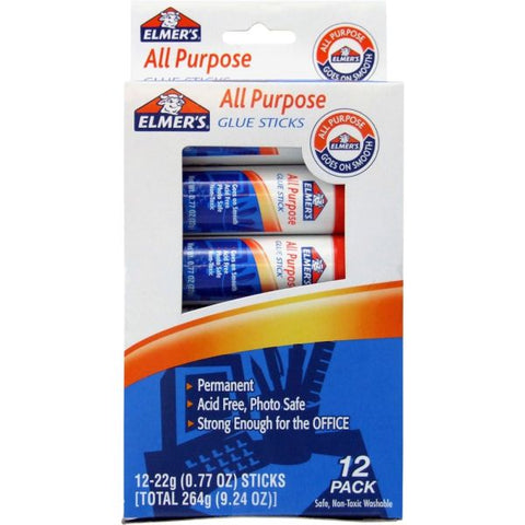 Elmer's Disappearing Glue Stick, 0.77 oz, Applies White, Dries Clear, 12/Pack