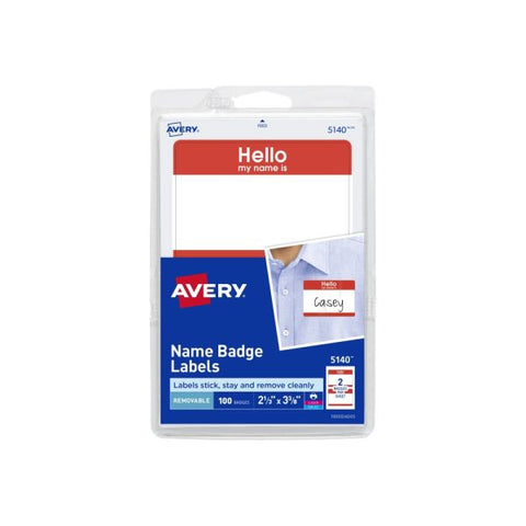 Avery "Hello my name is" Adhesive Name Tags 2 11/32" x 3 3/8" - White/Red - 2 Labels/ Sheet - 100 Labels/ Pack - Compatible With Laser & Inkjet Printers