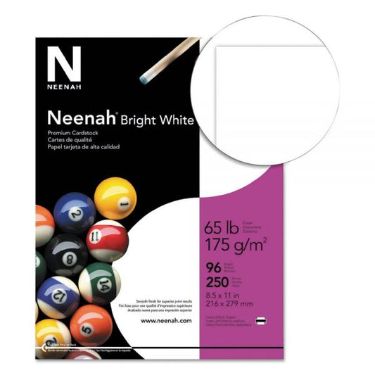 Neenah Bright White Card Stock, Smooth, 65lb, 96 Bright, 8 1/2 x 11, White, 250 Sheets