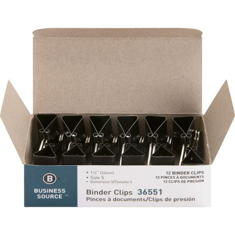 Business Source Medium Binder Clips 1 1/4" Width - 5/8" Capacity - 12/ Pack - Black