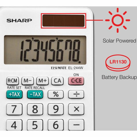 Sharp EL-244WB 8 Digit Professional Pocket Calculator Extra Large Display, Durable, Rubber Key, Dual Power, 3-Key Memory, Automatic Power Down - 8 Digits - LCD - White - 1 Each