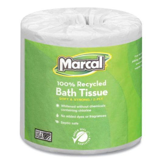 Marcal 100% Recycled Toilet Paper, 2-Ply, White, 4x4 Sheet, 336 Sheets/Roll, 48 Rolls/Carton