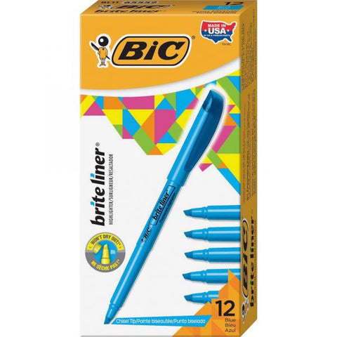 BIC Brite Liner Highlighter, Fluorescent Blue Ink, Chisel Tip, Blue/Black Barrel, Dozen