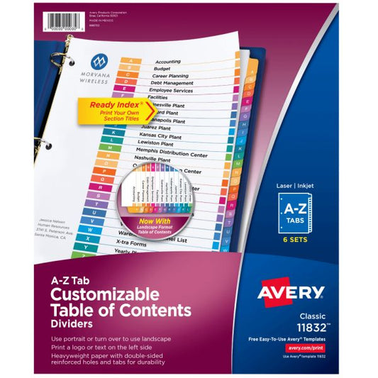 Avery Ready Index Dividers, A-Z Tab & Customizable Table of Contents, 8-1/2" x 11", Multicolor, Pack Of 6 Sets