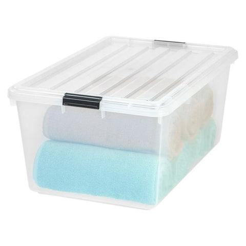 IRIS Buckle Down Plastic Storage Container With Built-In Handles And Snap Lid, 68 Quarts, 11 3/4" x 17 1/4" x 26 1/8", Clear