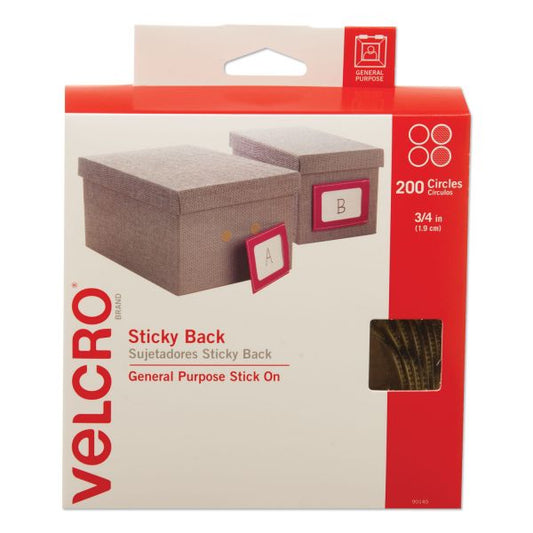 VELCRO Brand Sticky-Back Fasteners with Dispenser Box, Removable Adhesive, 0.75" dia, Beige, 200/Roll