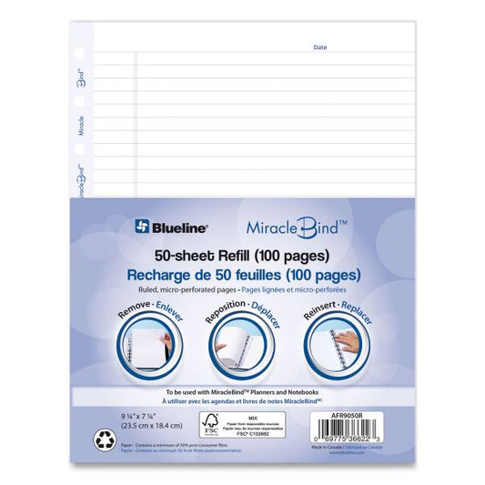 Blueline MiracleBind Ruled Paper Refill Sheets for all MiracleBind Notebooks and Planners, 9.25 x 7.25, White/Blue Sheets, Undated, Undated Calendar