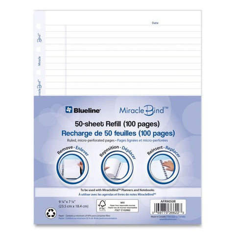 Blueline MiracleBind Ruled Paper Refill Sheets for all MiracleBind Notebooks and Planners, 9.25 x 7.25, White/Blue Sheets, Undated, Undated Calendar