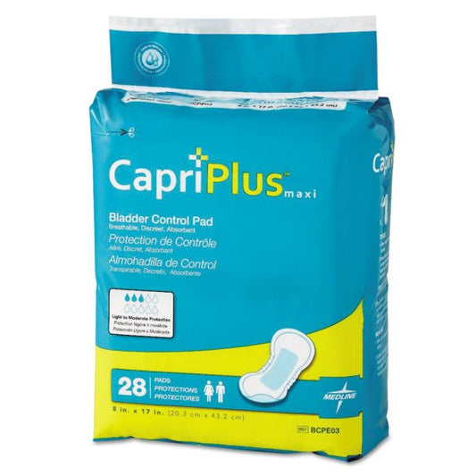 Medline Capri Plus Bladder Control Pads, Ultra Plus, 8" x 17", 28/Pack, 6/Carton