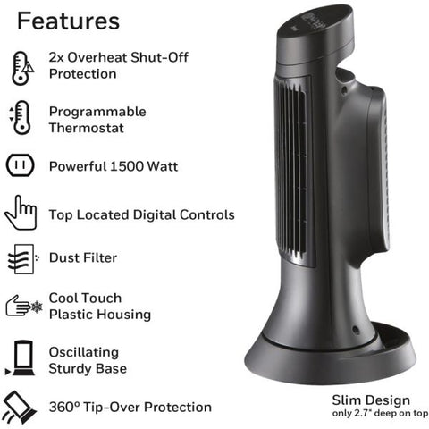 Honeywell Digital Ceramic Mini Tower Heater, 1,500 W, 10 x 7.63 x 14, Black