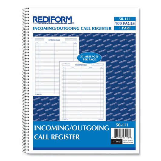 Rediform Wirebound Call Register, One-Part (No Copies), 11 x 8.5, 100 Forms Total