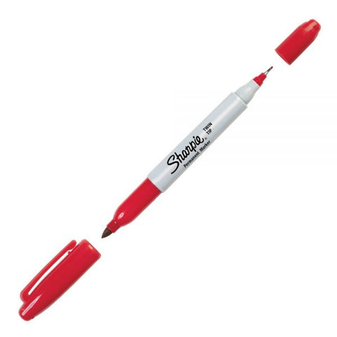 Sharpie Twin-Tip Permanent Markers, Fine/Ultra Fine Points, Red, Pack Of 12