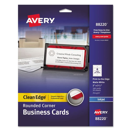 Avery Round Corner Print-to-the-Edge Business Cards, Inkjet, 2 x 3.5, White, 160 Cards, 8 Cards/Sheet, 20 Sheets/Pack