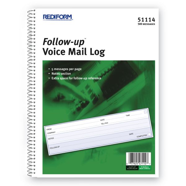 Rediform Follow-up Wirebound Voice Mail Log Book, One-Part (No Copies), 7.5 x 2, 5 Forms/Sheet, 500 Forms Total