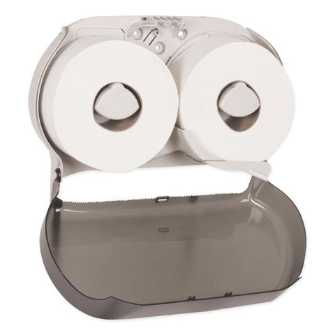 Tork Twin Jumbo Roll Bath Tissue Dispenser, 19.29 x 5.51 x 11.83, Smoke/Gray Roll Dispenser - 2 x Roll - 11.8" Height x 19.3" Width x 5.5" Depth - Vinyl, Plastic - Smoke - Impact Resistant, See-Through Cover, Flame Retardant, Chemical Resistant - 1 Each