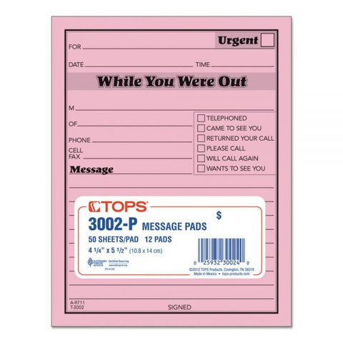 TOPS Pink Message Pad, One-Part (No Copies), 4.25 x 5.5, 50 Forms/Pad, 12 Pads/Pack