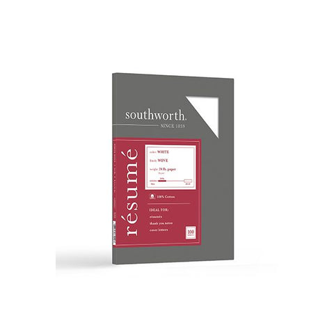 Southworth 100% Cotton Resume Paper, 95 Bright, 24 lb Bond Weight, 8.5 x 11, White, 100/Pack