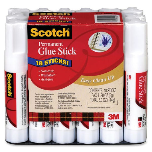 Scotch Permanent Glue Stick, .28 oz, 18/Pack