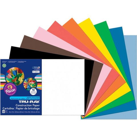 Pacon Tru-Ray Construction Paper, 76 lb Text Weight, 12 x 18, Assorted Standard Colors, 50/Pack