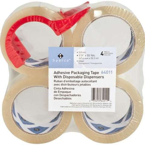 Sparco Heavy Duty 2" Packing Tape with Dispenser 2" x 55 yds - 3" Core - 3.0 mil Thickness - Clear - 4/ Pack - Includes Dispenser