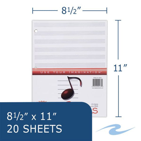 Music Filler 8.5"x11" 12 Stave Roaring Spring Music Filler Paper, Case of 24 packs, 12 Staves of Music Lines, 11" x 8.5", 20 Sheets Per Pack, Heavyweight Smooth White Paper, 3 Hole Punched