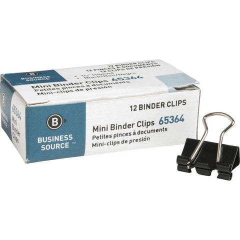 Business Source Mini Binder Clips 9/16" Width - 1/4" Capacity - 12/ Pack - Black