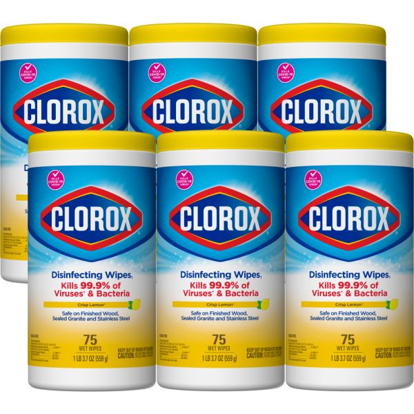 Clorox Disinfecting Wipes, Bleach Free Cleaning Wipes – Crisp Lemon - 75 Count (Pack of 6)