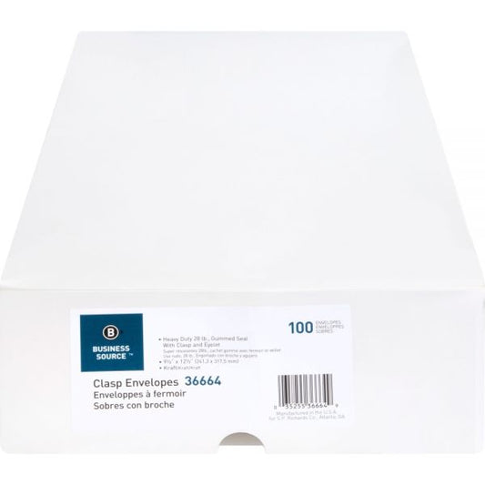 Business Source Gummed 9 1/2" x 12 1/2" Clasp Envelopes #93 (9.50" x 12.50") - Gummed Flap - 100/ Box - Kraft