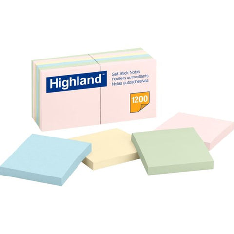 Highland Self-Stick Notes, 3" x 3", Assorted Pastel Colors, 100 Sheets/Pad, 12 Pads/Pack