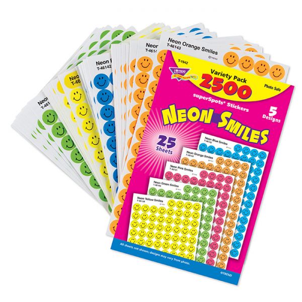 TREND SuperSpots and SuperShapes Sticker Variety Packs, Neon Smiles, Assorted Colors, 2,500/Pack