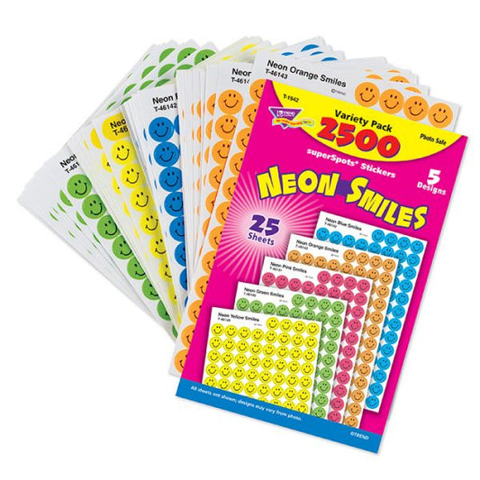 TREND SuperSpots and SuperShapes Sticker Variety Packs, Neon Smiles, Assorted Colors, 2,500/Pack