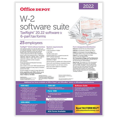 W-2 Laser Tax Forms With Software, 6-Part, 2-Up, 8-1/2" x 11", Pack Of 25 Form Sets