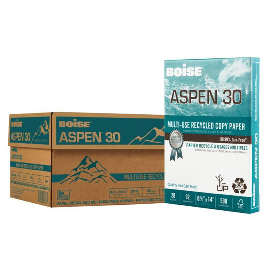 Boise ASPEN 30 Multi-Use Print & Copy Paper, Legal Size (8 1/2" x 14"), 92 (U.S.) Brightness, 20 Lb, 30% Recycled, FSC Certified, White, 500 Sheets Per Ream, Case Of 10 Reams