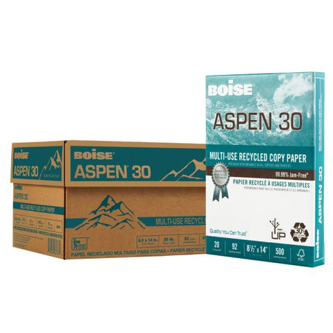 Boise ASPEN 30 Multi-Use Print & Copy Paper, Legal Size (8 1/2" x 14"), 92 (U.S.) Brightness, 20 Lb, 30% Recycled, FSC Certified, White, 500 Sheets Per Ream, Case Of 10 Reams