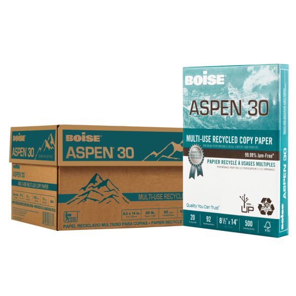 Boise ASPEN 30 Multi-Use Print & Copy Paper, Legal Size (8 1/2" x 14"), 92 (U.S.) Brightness, 20 Lb, 30% Recycled, FSC Certified, White, Ream Of 500 Sheets