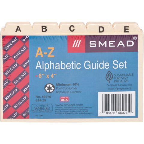 Smead Manila Card Guides, 1/5-Cut Top Tab, A to Z, 4 x 6, Manila, 25/Set