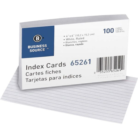 Business Source Ruled White Index Cards Front Ruling Surface - Ruled - 72 lb Basis Weight - 4" x 6" - White Paper - 1000 / Box