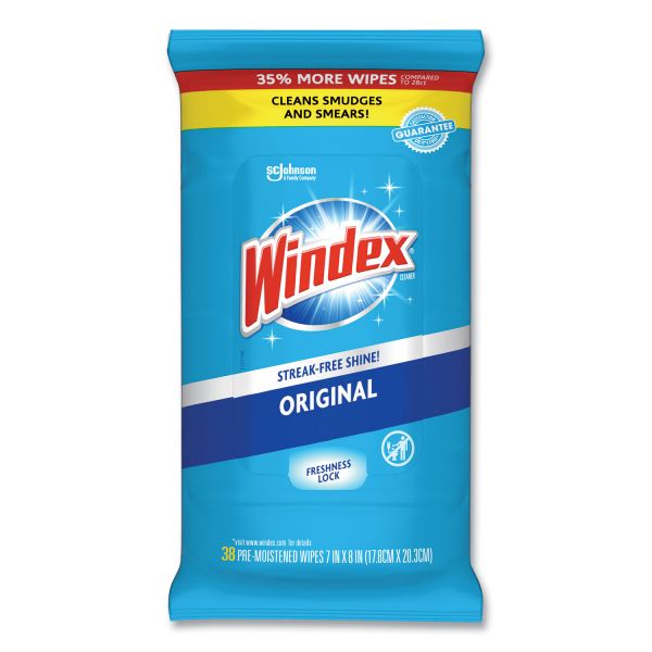 Windex Glass and Surface Wet Wipe, Cloth, 7 x 8, Unscented, 38/Pack, 12 Packs/Carton